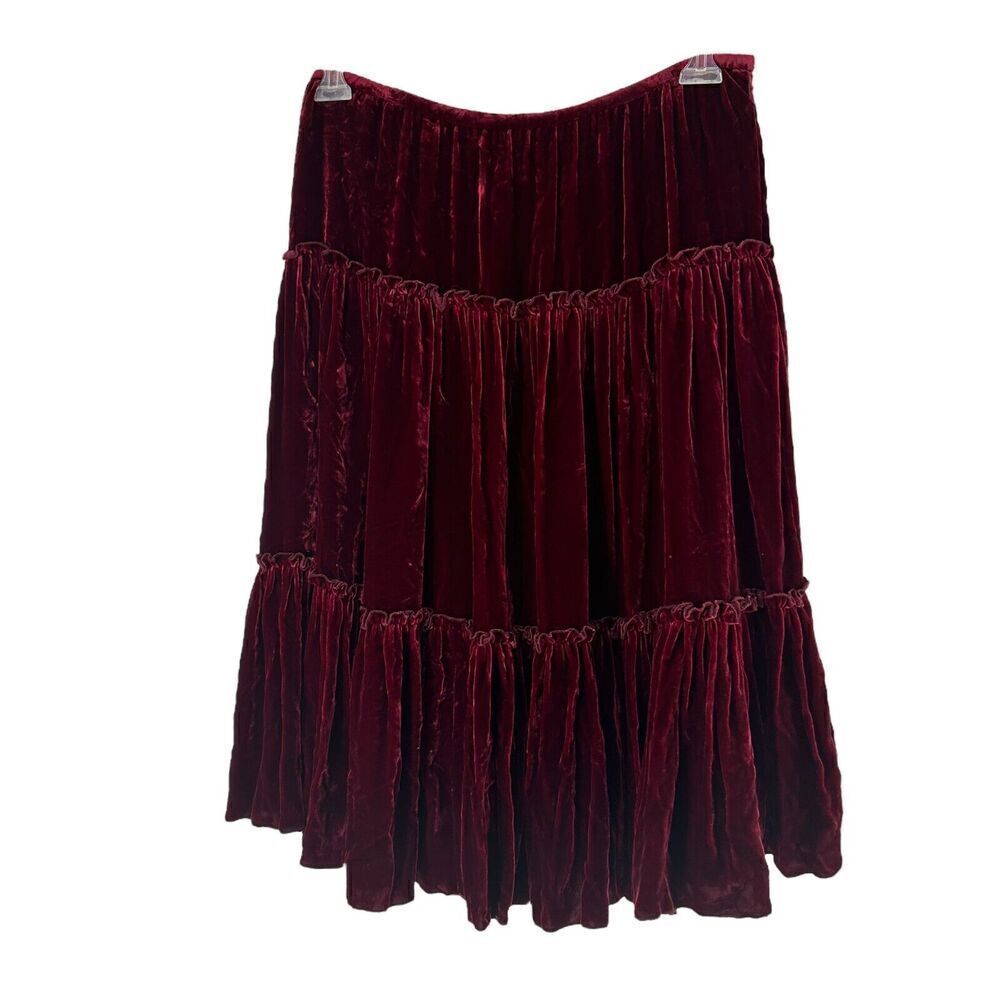 Velvet Midi Skirt Silk Blend Tiered Burgundy Red Size 10 WD Platinum Holiday Y2K